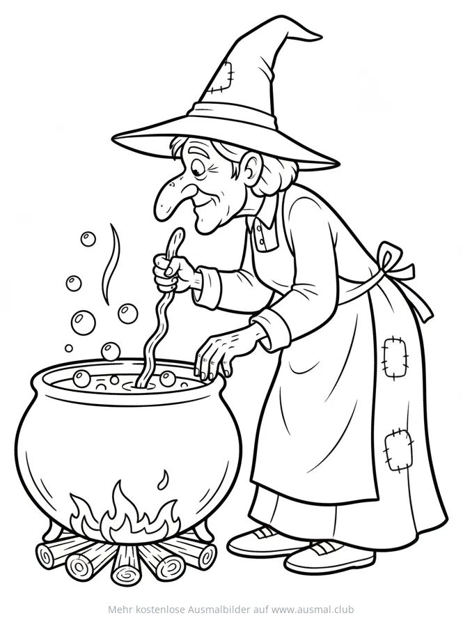 Hexe rührt im Kessel Ausmalbild