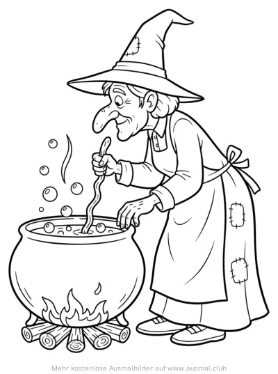Hexe rührt im Kessel Ausmalbild