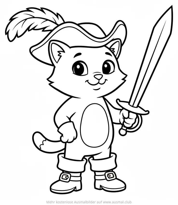 Gestiefelter Kater Ausmalbild mit Hut und Schwert