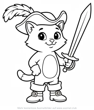 Gestiefelter Kater Ausmalbild mit Hut und Schwert