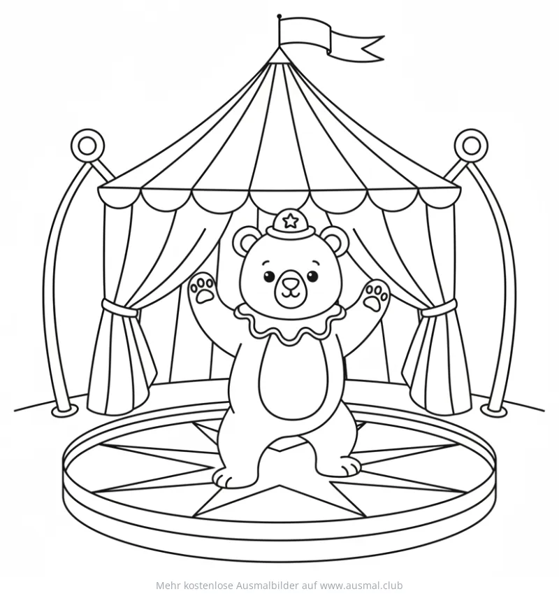 Zirkusbär mit Hut und Zirkuszelt Ausmalbild