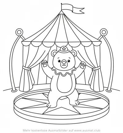 Zirkusbär mit Hut und Zirkuszelt Ausmalbild