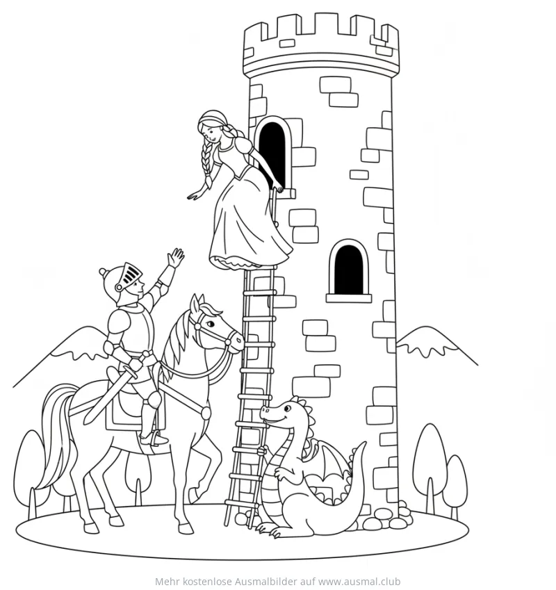 Prinzessin, Ritter, Drache und Turm Ausmalbild