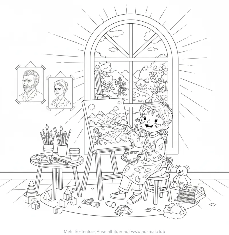 Junge malt Landschaft Ausmalbild