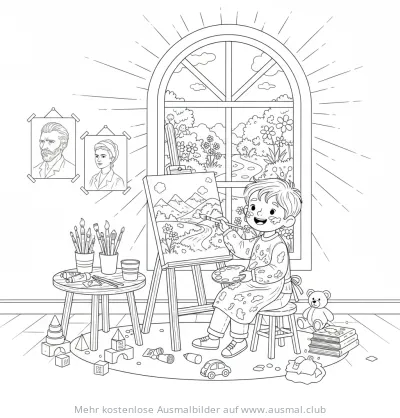 Junge malt Landschaft Ausmalbild