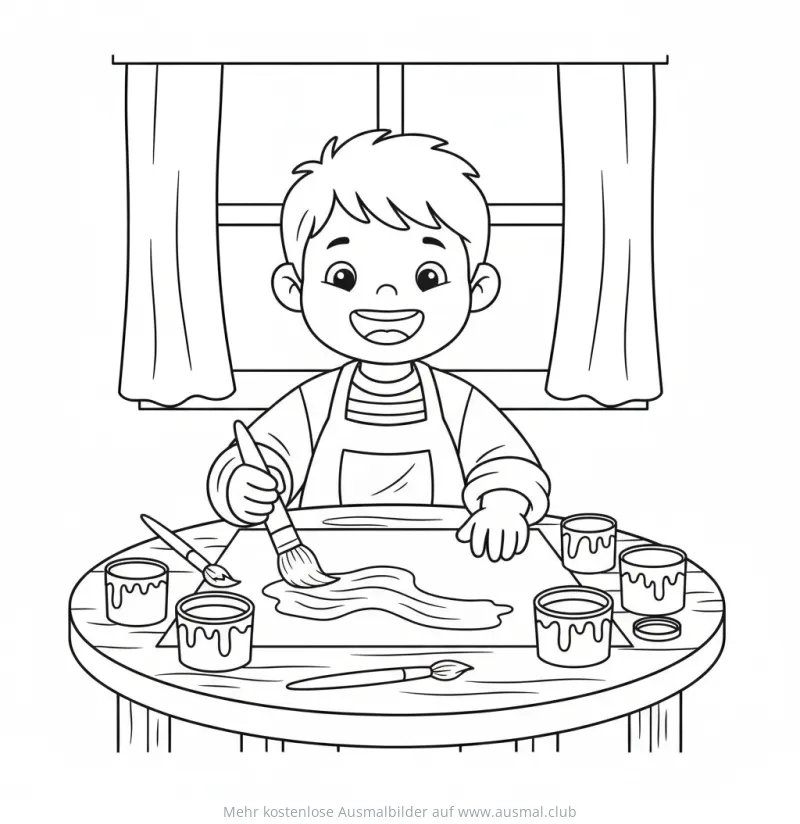 Junge malt mit Pinsel und Farbe Ausmalbild