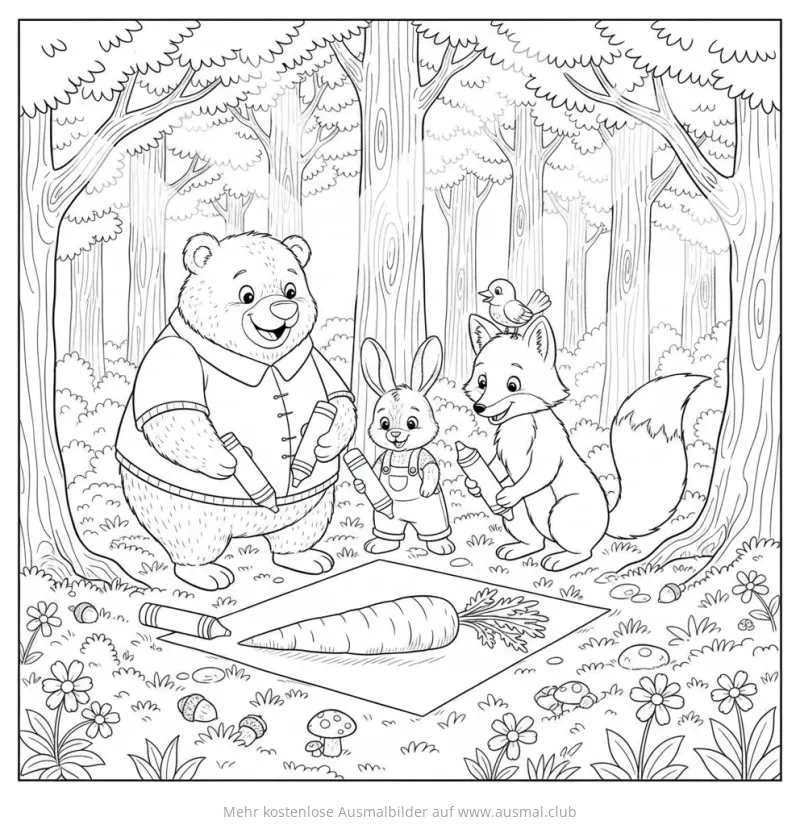 Bär, Hase und Fuchs malen Karotte im Wald Ausmalbild