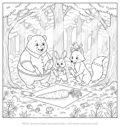 Bär, Hase und Fuchs malen Karotte im Wald Ausmalbild
