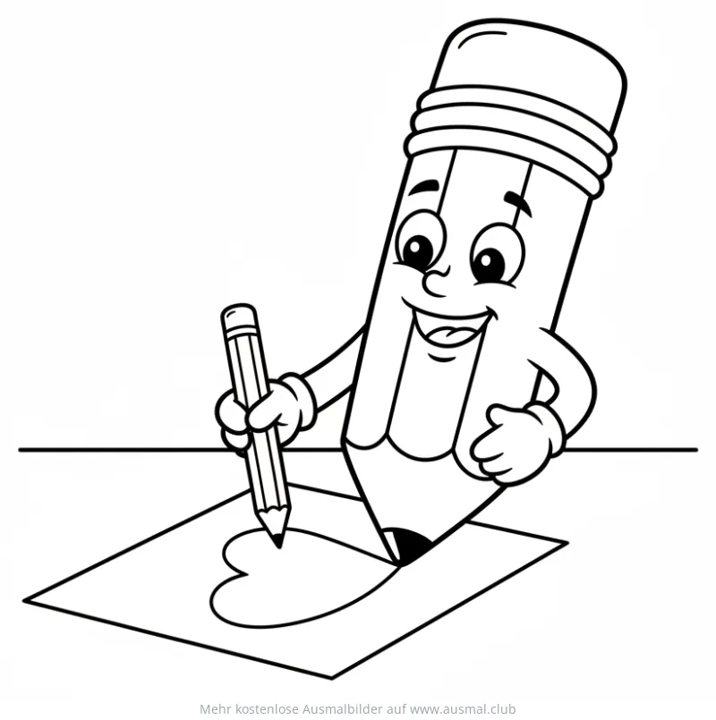 Zeichnender Bleistift mit Gesicht malt Herz Ausmalbild