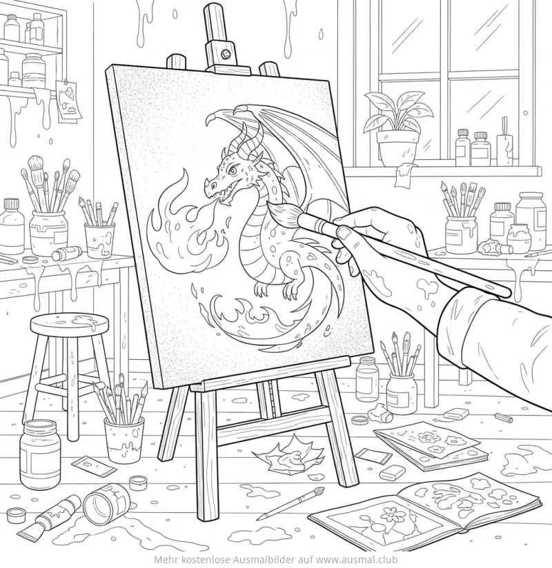 Drache Ausmalbild auf Leinwand, gemalt mit Pinsel