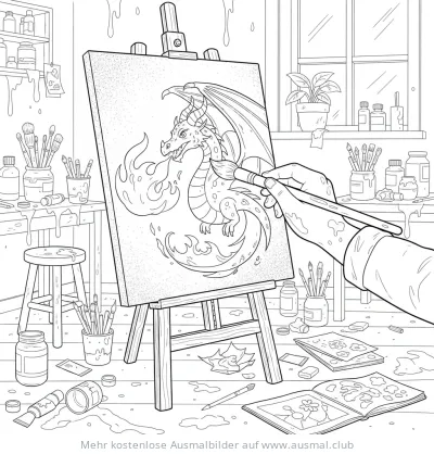 Drache Ausmalbild auf Leinwand, gemalt mit Pinsel