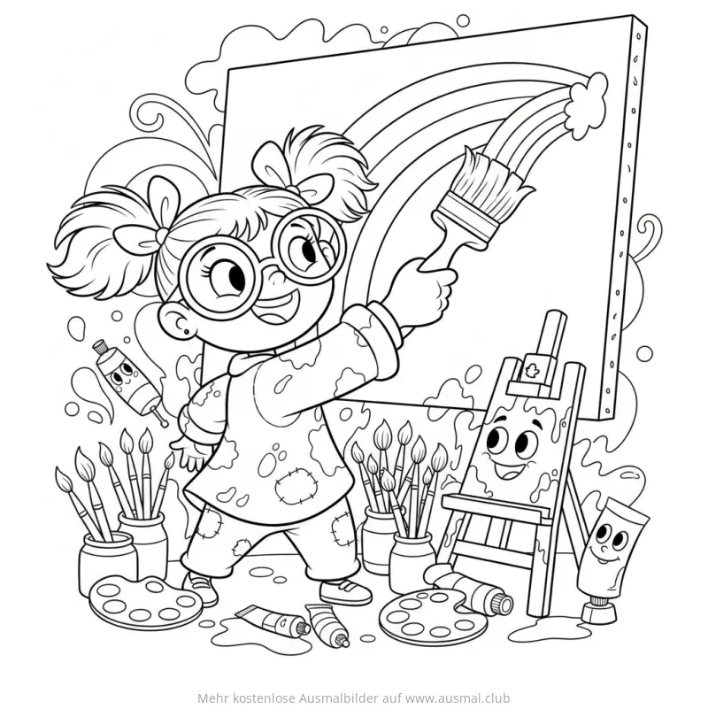 Mädchen malt Regenbogen auf Leinwand Ausmalbild