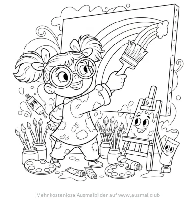 Mädchen malt Regenbogen auf Leinwand Ausmalbild