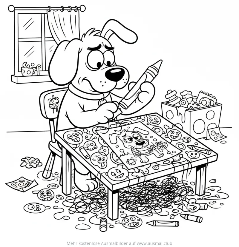 Hund malt Selbstportrait Ausmalbild