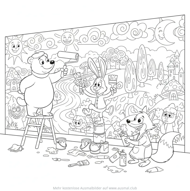 Bär, Hase und Fuchs malen Wandbild Ausmalbild