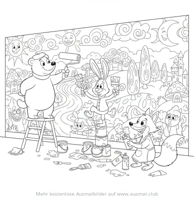 Bär, Hase und Fuchs malen Wandbild Ausmalbild