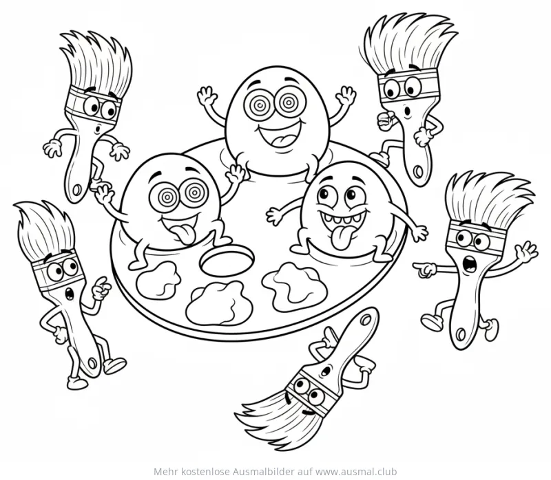 Farbpalette mit Gesichtern und tanzende Pinsel Ausmalbild