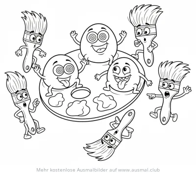 Farbpalette mit Gesichtern und tanzende Pinsel Ausmalbild