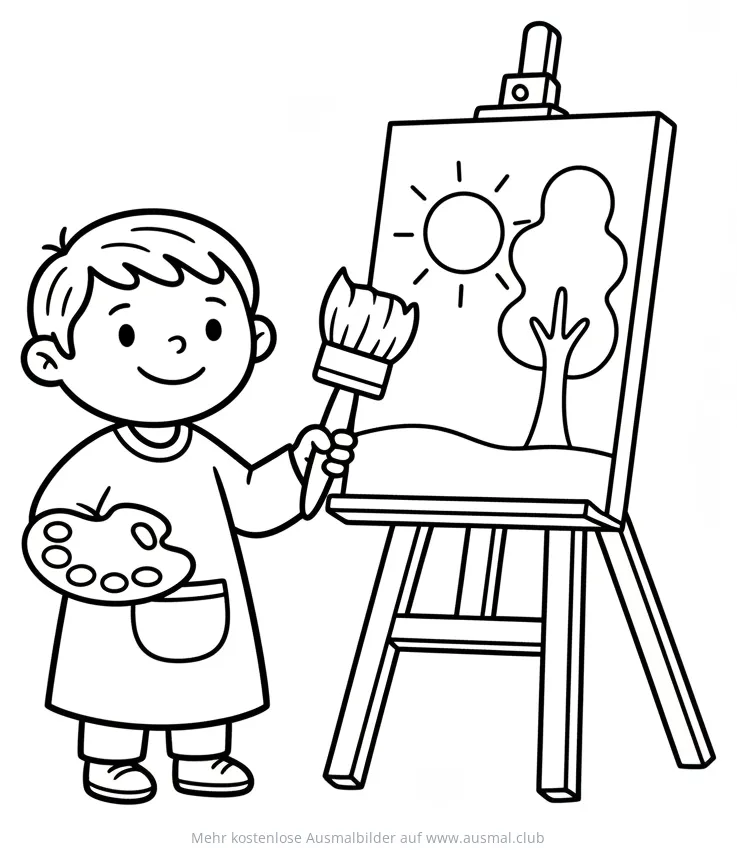 Junge malt Bild mit Pinsel und Palette Ausmalbild