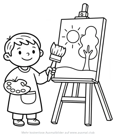 Junge malt Bild mit Pinsel und Palette Ausmalbild