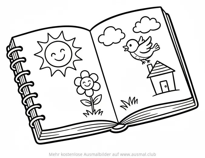Aufgeschlagenes Skizzenbuch mit Sonne, Blume, Vogel und Haus Ausmalbild