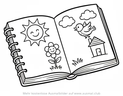 Aufgeschlagenes Skizzenbuch mit Sonne, Blume, Vogel und Haus Ausmalbild