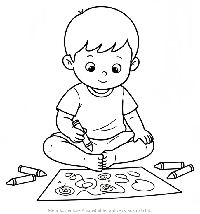 Kind sitzt und zeichnet mit Stift auf Papier Ausmalbild