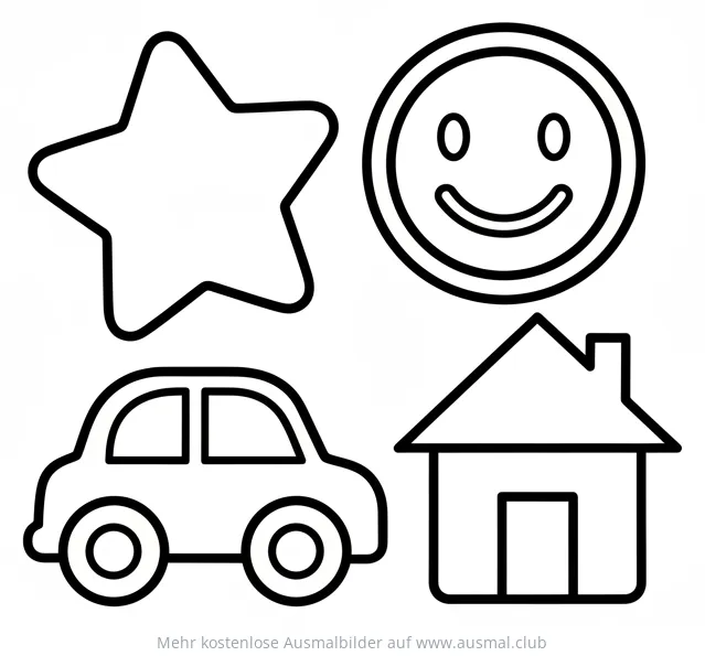Einfache Formen: Stern, Smiley, Auto, Haus Ausmalbild