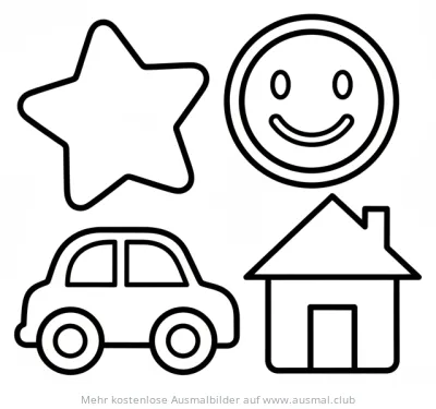 Einfache Formen: Stern, Smiley, Auto, Haus Ausmalbild