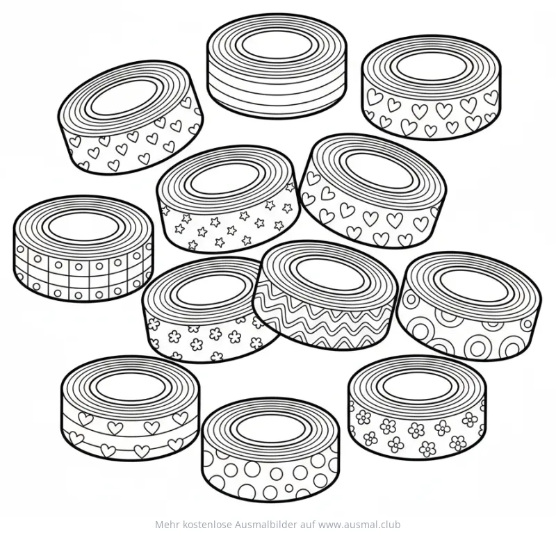 Washi-Tape Sammlung mit verschiedenen Mustern als Ausmalbild