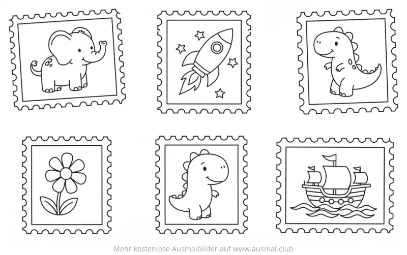 Stempel Ausmalbild mit Elefant, Rakete, Dinosaurier, Blume und Schiff