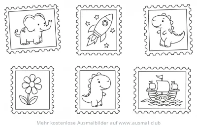 Stempel Ausmalbild mit Elefant, Rakete, Dinosaurier, Blume und Schiff