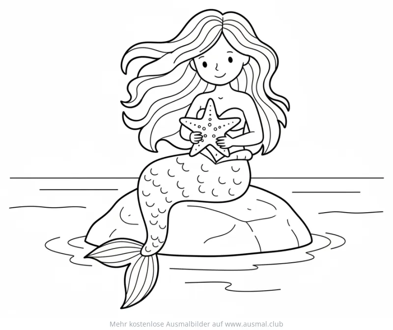 Meerjungfrau sitzt auf Felsen mit Seestern Ausmalbild