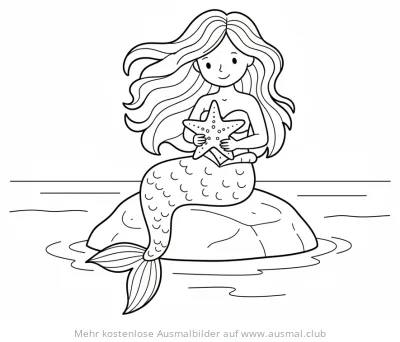 Meerjungfrau sitzt auf Felsen mit Seestern Ausmalbild