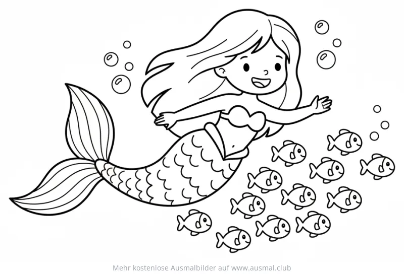 Meerjungfrau schwimmt mit Fischen Ausmalbild