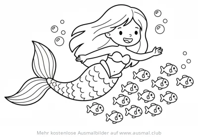 Meerjungfrau schwimmt mit Fischen Ausmalbild