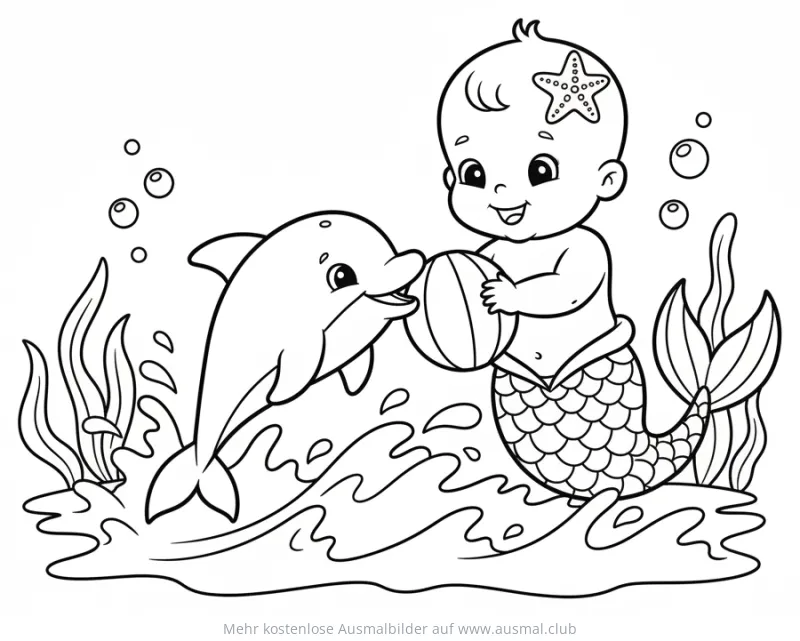 Baby Meerjungfrau mit Delfin spielt Ball Ausmalbild