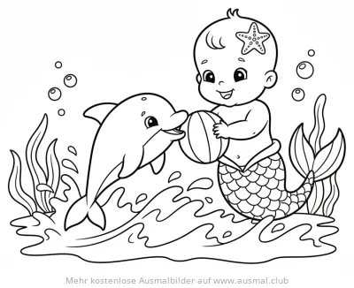 Baby Meerjungfrau mit Delfin spielt Ball Ausmalbild