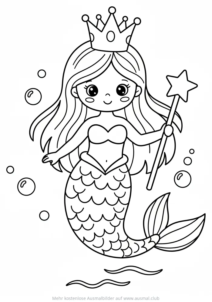 Meerjungfrau Prinzessin mit Krone und Zauberstab Ausmalbild
