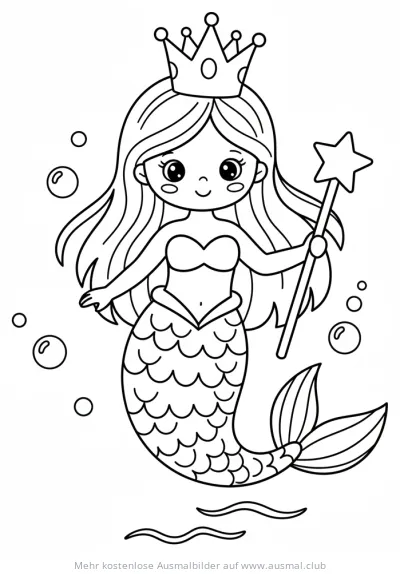 Meerjungfrau Prinzessin mit Krone und Zauberstab Ausmalbild