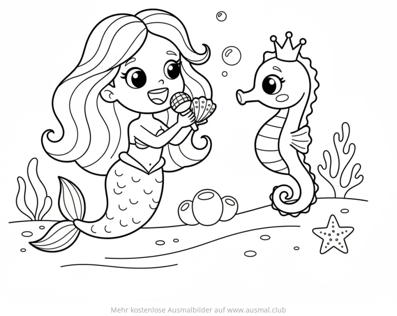 Meerjungfrau singt für gekröntes Seepferdchen Ausmalbild