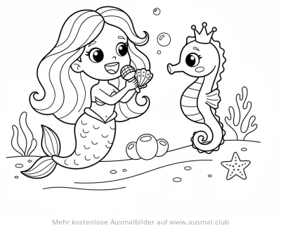 Meerjungfrau singt für gekröntes Seepferdchen Ausmalbild