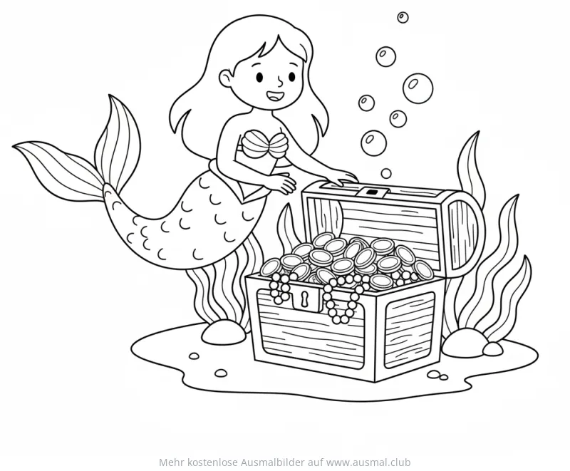 Meerjungfrau mit Schatztruhe voller Gold Ausmalbild