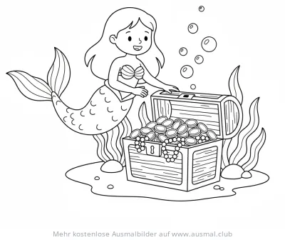 Meerjungfrau mit Schatztruhe voller Gold Ausmalbild