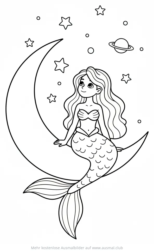 Meerjungfrau sitzt auf Mondsichel Ausmalbild