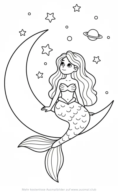 Meerjungfrau sitzt auf Mondsichel Ausmalbild
