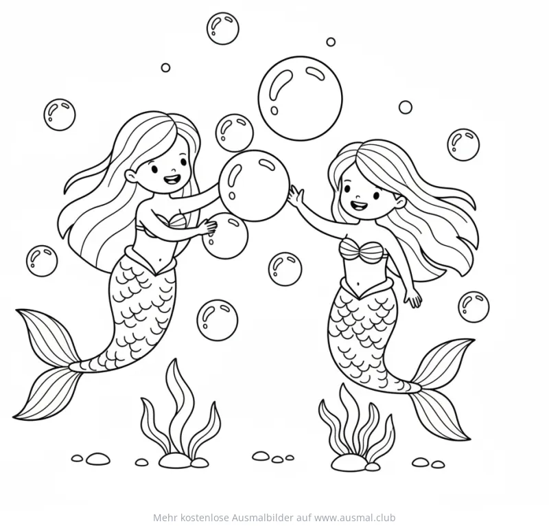 Zwei Meerjungfrauen spielen mit Blasen Ausmalbild