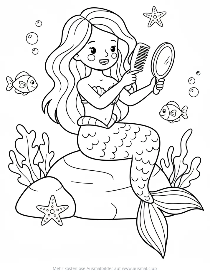 Meerjungfrau mit Spiegel und Kamm auf Felsen Ausmalbild