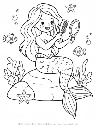 Meerjungfrau mit Spiegel und Kamm auf Felsen Ausmalbild
