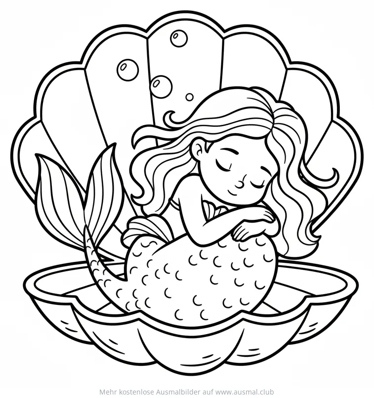 Schlafende Meerjungfrau in Muschel Ausmalbild